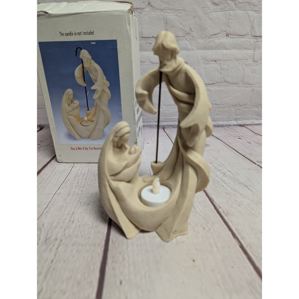 Mary Joseph & Baby Jesus Sandstone Resin Tealight Nativity Religious NIB